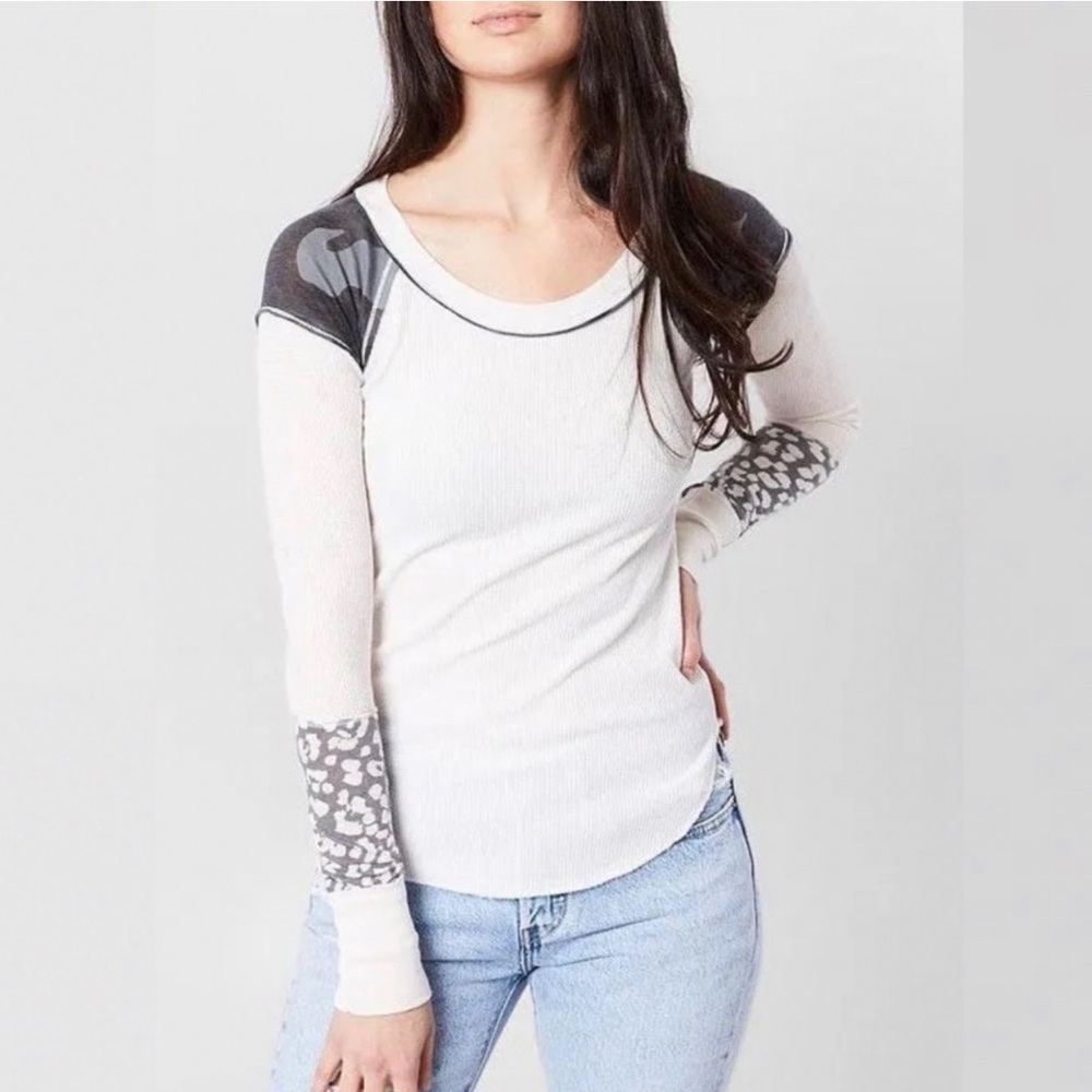 Free People We the Free Bright Side Knit Mixed Media Long Sleeve Top Sz XS Women